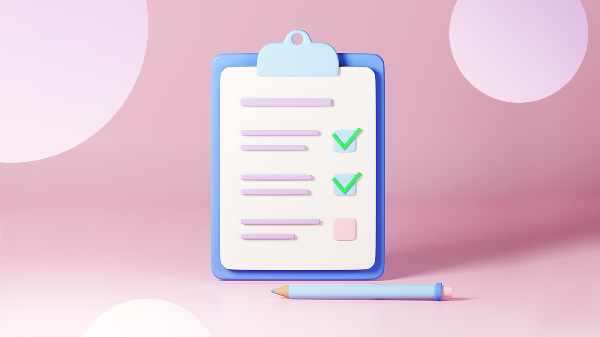 Checklist on clipboard paper, 3d render illustration. Notebook with checked tasks. Concept of online survey, exam note, business contract, research form, evaluation document, questionnaire